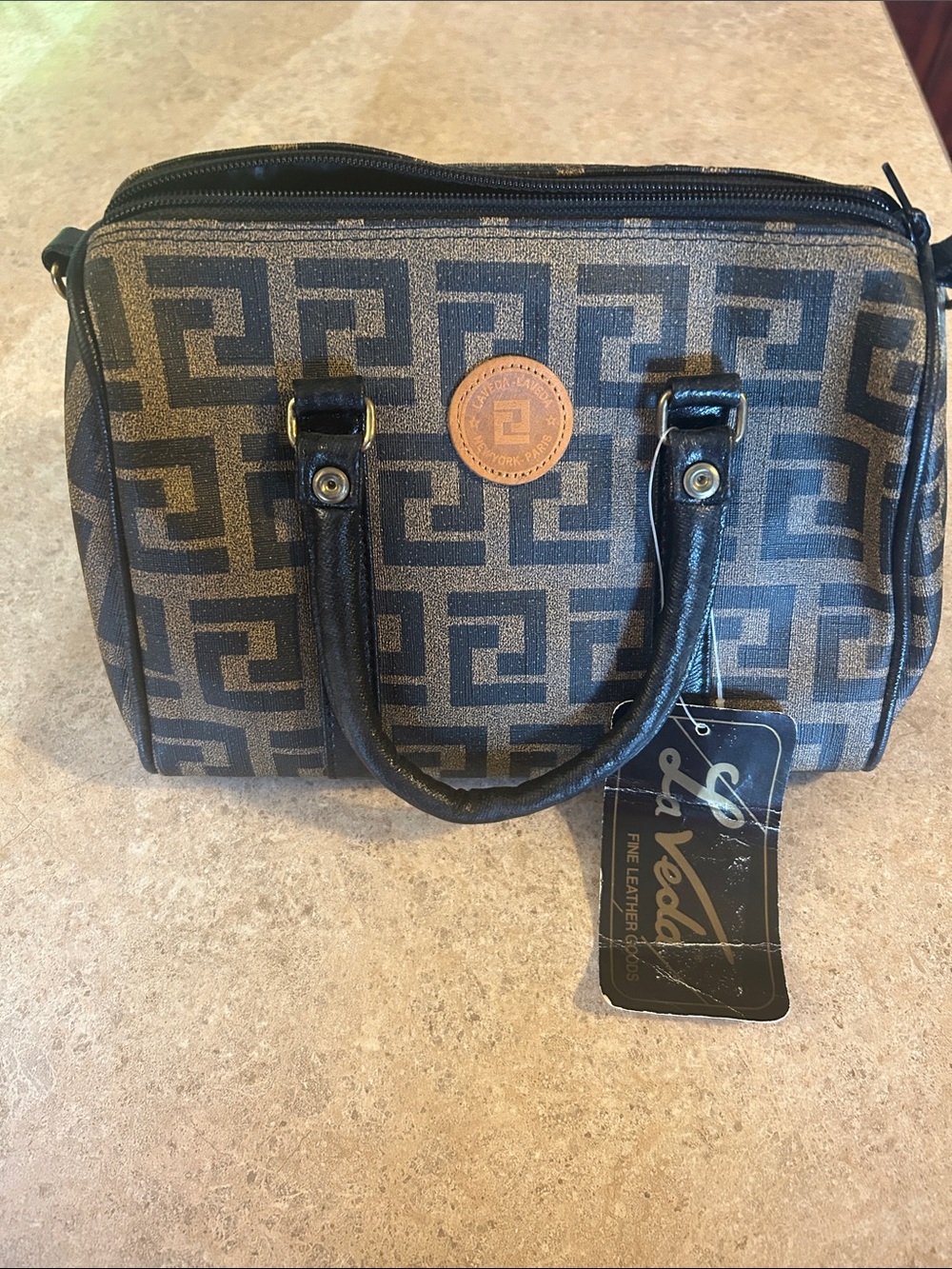 Veda Black and Brown Geometric Hand Bag with Shoulder straps